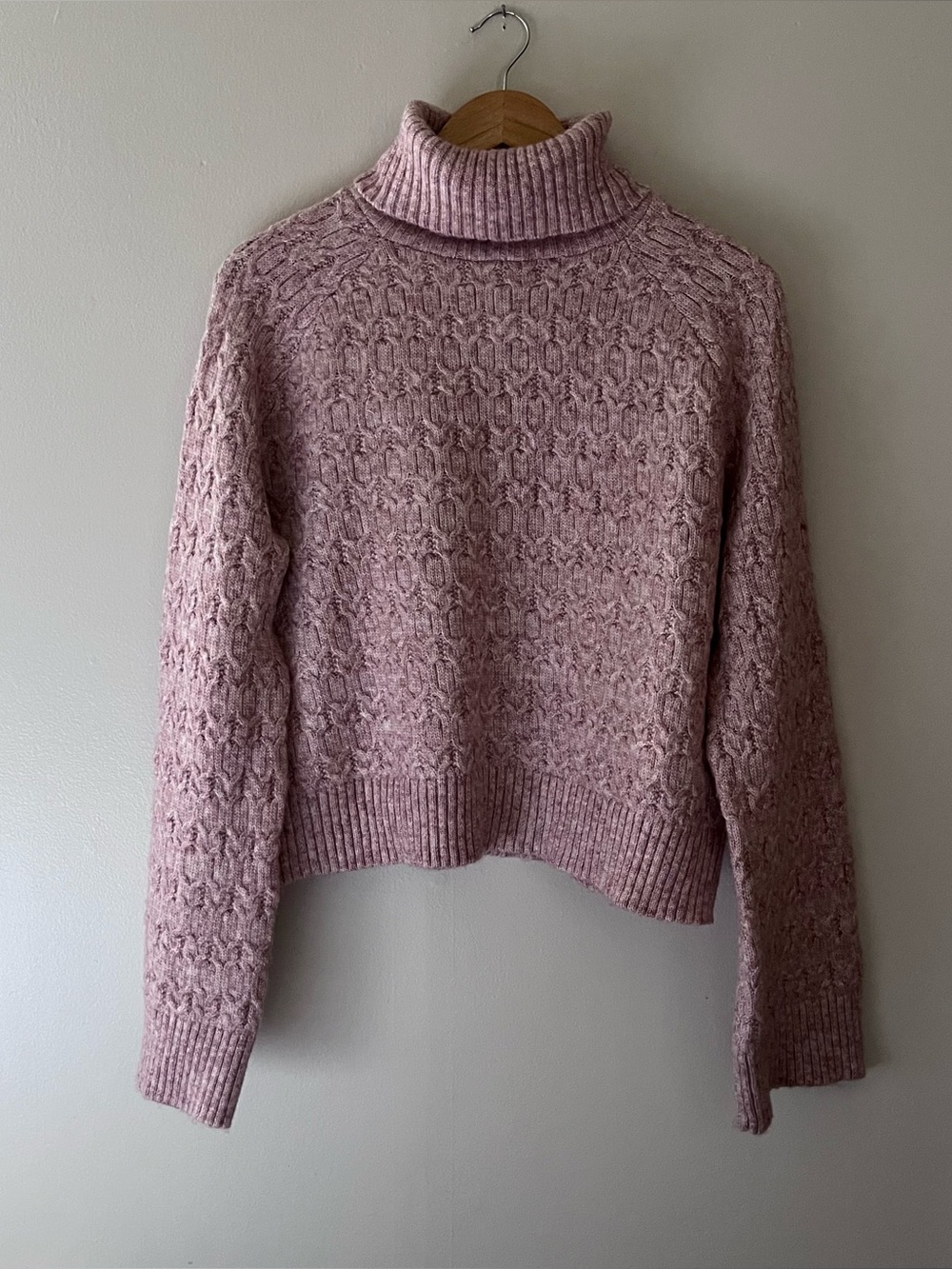 Industry Pale Pink Chunky Cable Knit Turtleneck Crop Wool Blend Sweater Size S